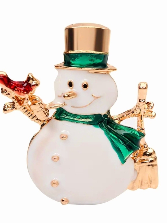 Accessories - Festive White Snowman Brooch with Green Scarf and Gold Accents